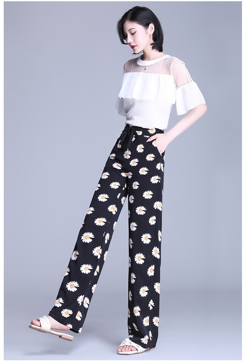 yg垂感飘逸雪纺阔腿花裤子女潮夏季薄款高腰直筒拖地裤碎花冰丝女裤1