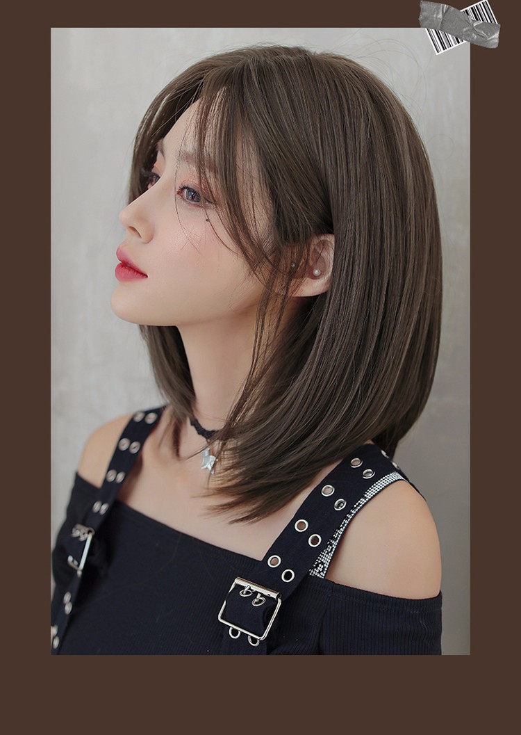 天使丝丝假发女假发短发假发中分直发锁骨发假发全头套黑茶色39cm