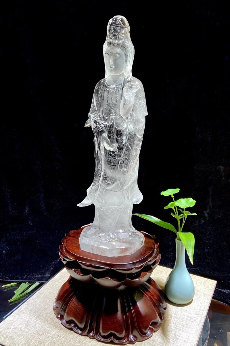 俊辰珠宝天然巴西原石原矿白水晶精致雕刻宝瓶观音摆件立体精雕晶体