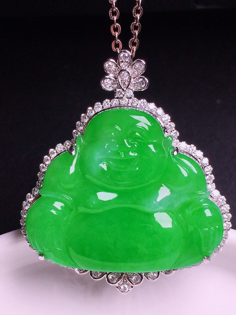 源头翡翠 翡翠阳绿佛公吊坠18k金镶钻缅甸天然翡翠玉石挂件珠宝首饰