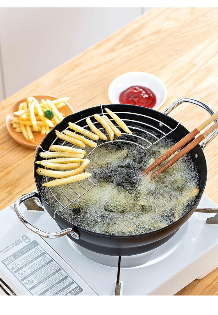 家の物语 日本家用油炸锅油炸不粘锅 省油少烟加厚加深铁质多用途炸