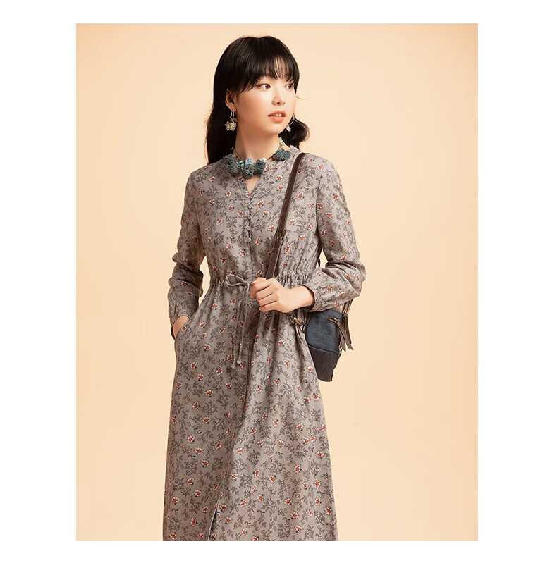 渔女装秋装新款2022长款开扣抽绳收腰印花纯棉全棉连衣裙fgec0002 灰