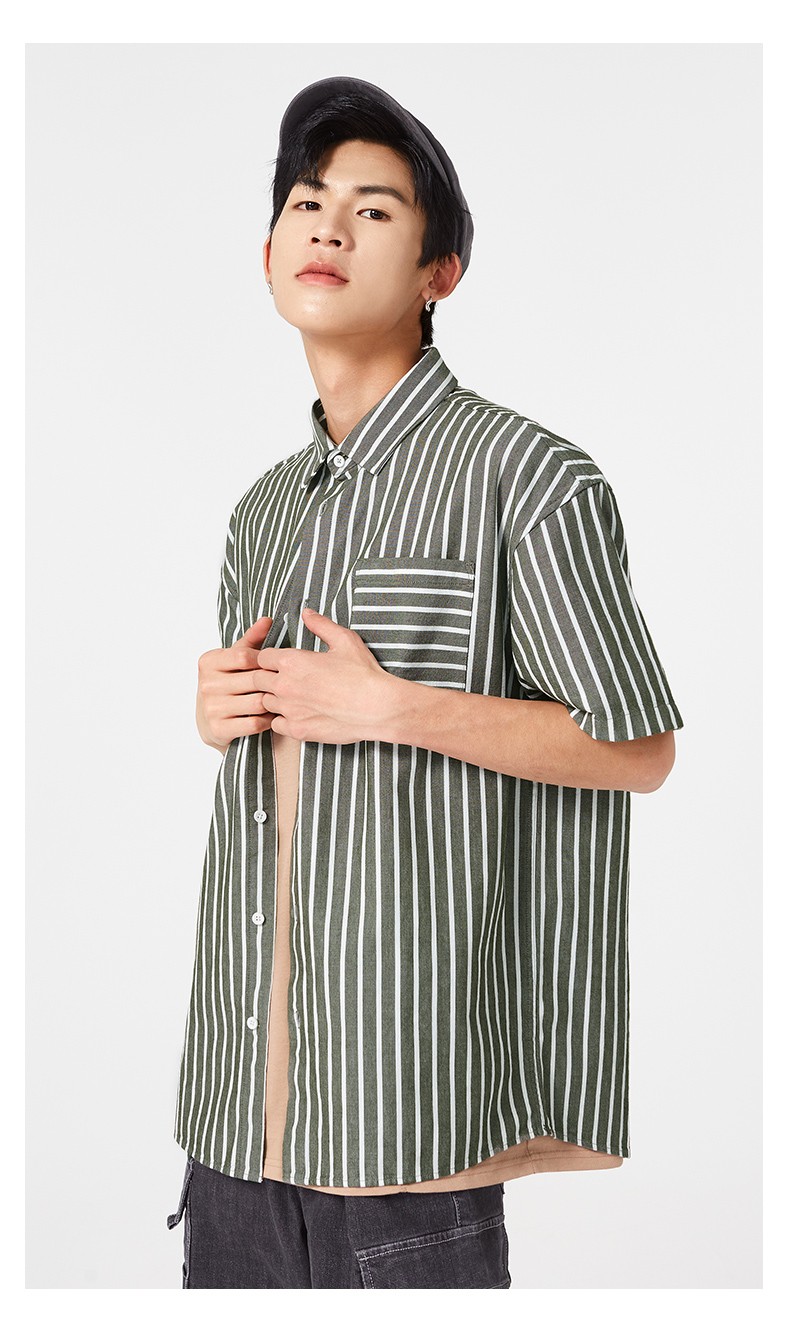 以纯线上品牌a21夏季2021新款男装宽松翻领落肩短袖全开襟上衣条纹