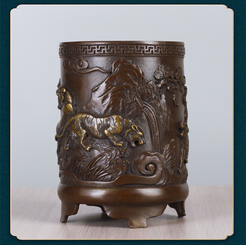 聚玄轩纯铜笔筒摆件家居客厅饰品办公室中式铜笔筒书房装饰品办公桌