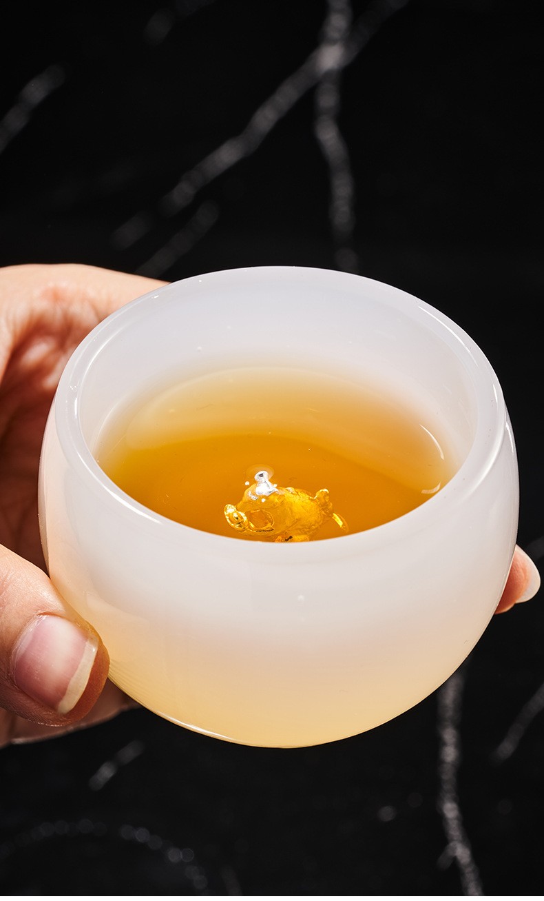 琉璃白瓷玉瓷茶杯大号品茗杯镶银建盏主人杯单杯陶瓷玻璃茶具茶盏 圆