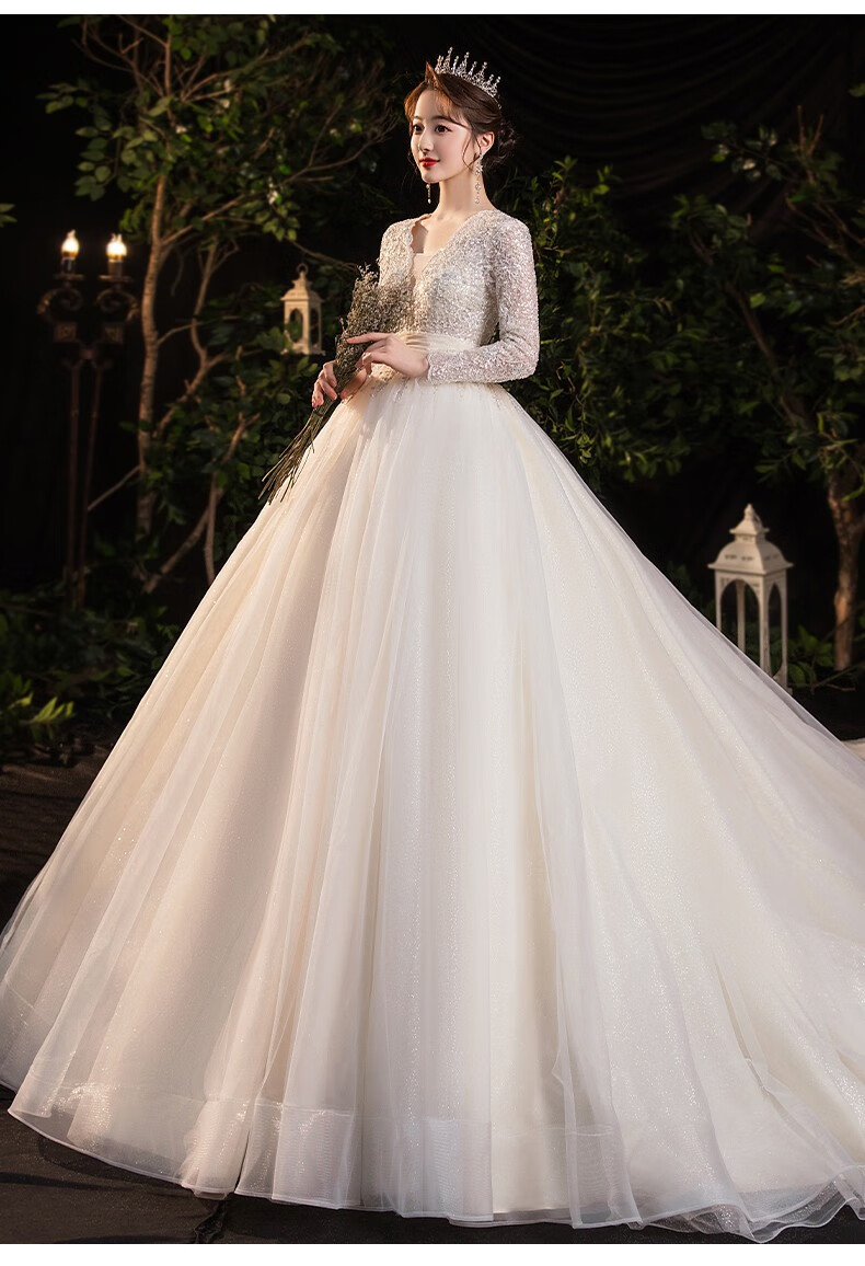 menang主婚纱礼服长袖婚纱拖尾2021新款小个子婚纱大拖尾法式森系超仙