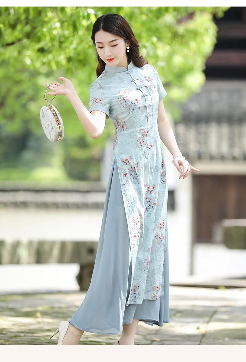 筠雅奥黛旗袍越南旗袍裙改良奥黛年轻款小香风修身连衣裙女夏长款j618