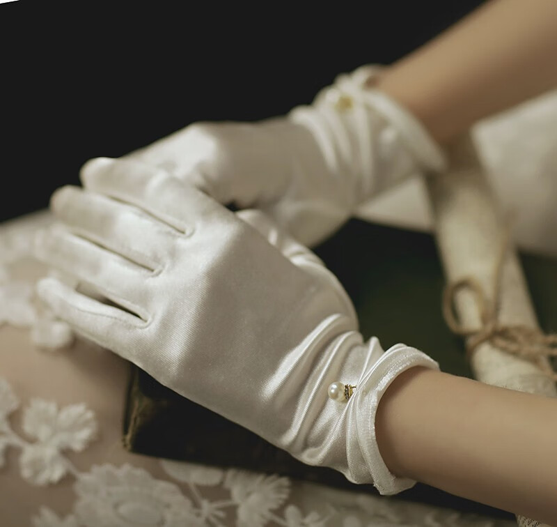 手套结婚缎面复古手套网纱短款蕾丝结婚礼服婚纱新娘珍珠手套超仙 勾