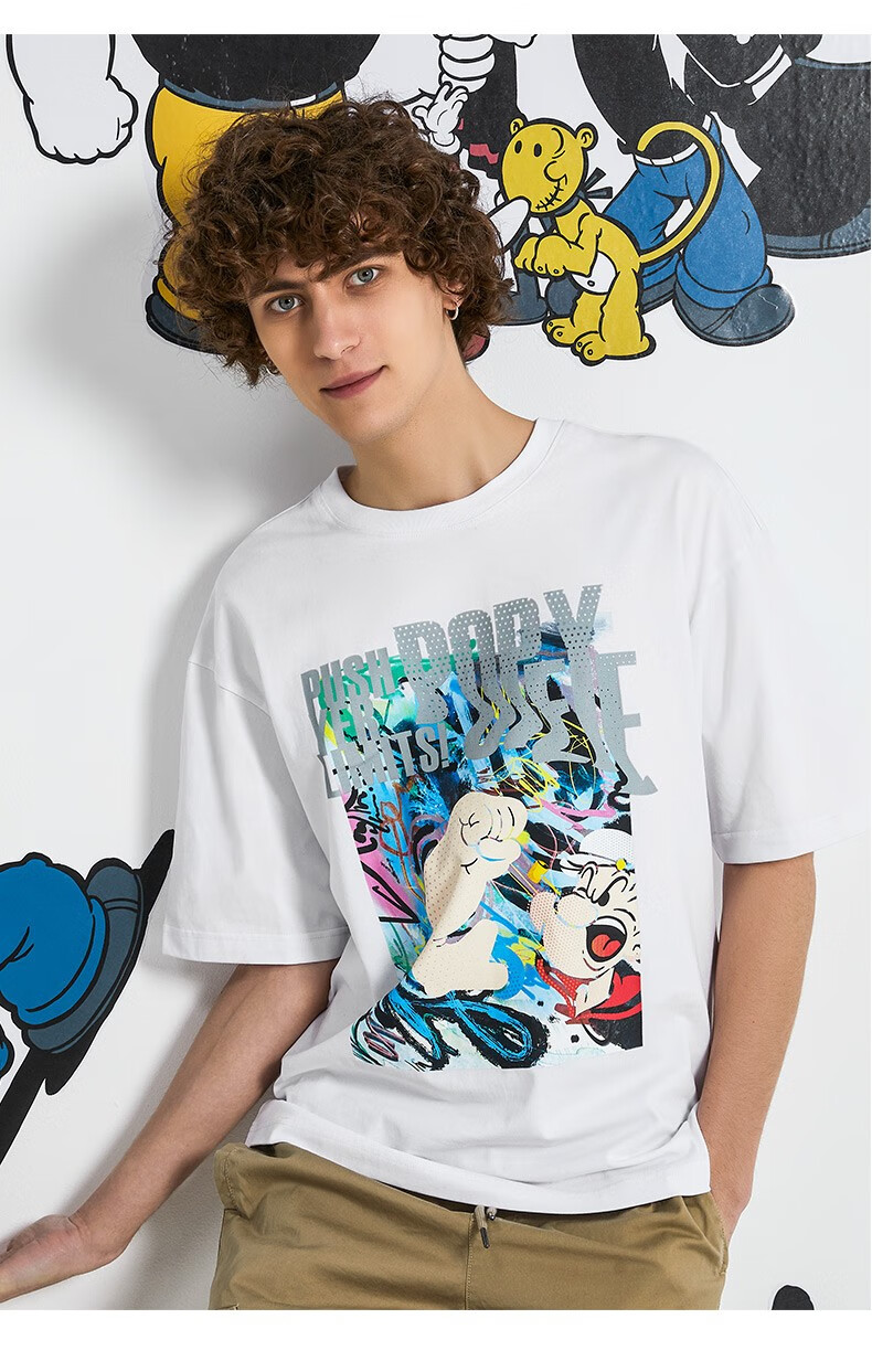 popeye大力水手联名男纯棉透气t恤衫21年春季新款樱花粉时尚短袖运动