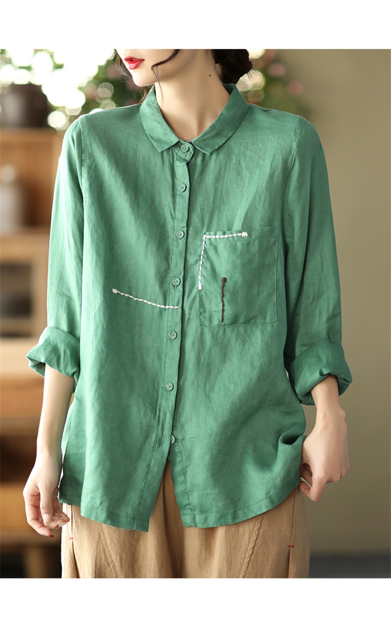 安娅诗亚麻衬衫女春装新款上衣翻领气质休闲勾线长袖宽松纯色衬衣女