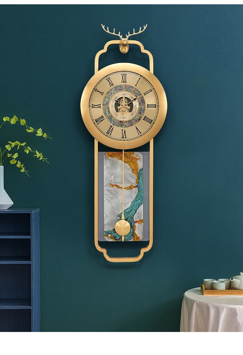 touchmiss新中式黄铜挂钟玄关装饰钟家用客厅创意豪华挂墙钟时尚摇摆