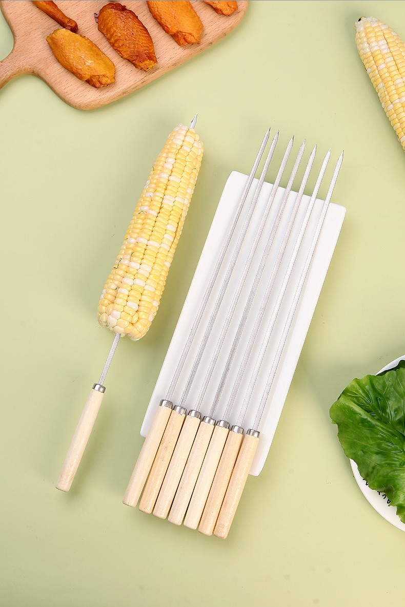 时光旧巷 不锈钢木柄烧烤签子羊肉串烤肉工具烤串用品铁签子扁签配件