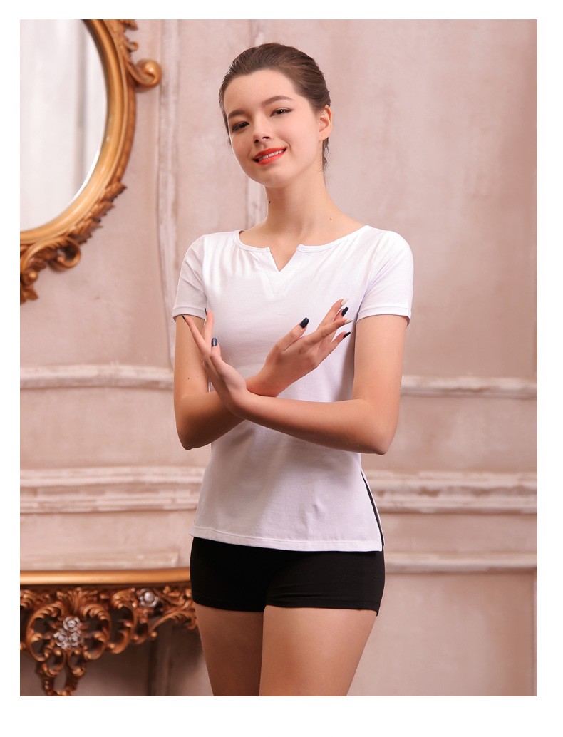 柏屋舞蹈练功上衣v字圆领跳舞基础训练服短袖t恤女成人118120036 白色