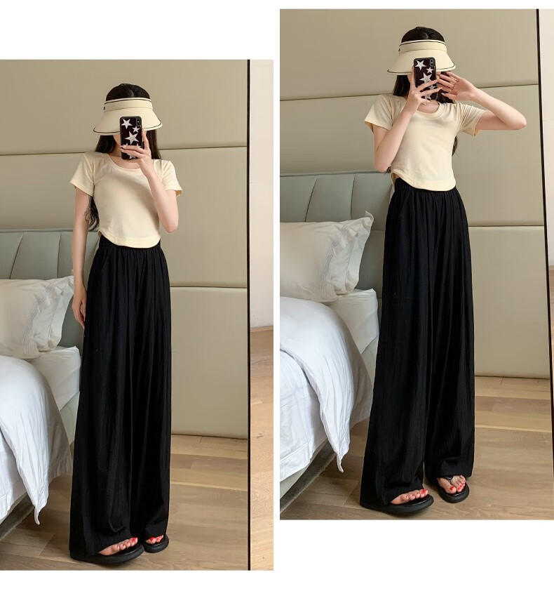LangSha Ice Silk Wide-Leg Pants for Women, Summer High-Waisted Draping Straight Cotton Linen Casual Trousers, Japanese-Style Yamamoto Pants, Women's Lazy Style 22