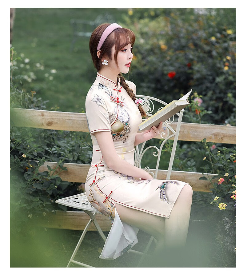 款旗袍裙礼服夏季短袖连衣裙中年新款妈妈改良夏装团服年轻款复古少女