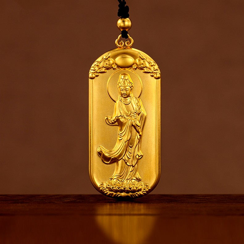 韩大福古法心经观音牌吊坠足金9999实心黄金吊坠传承系列男士护身符