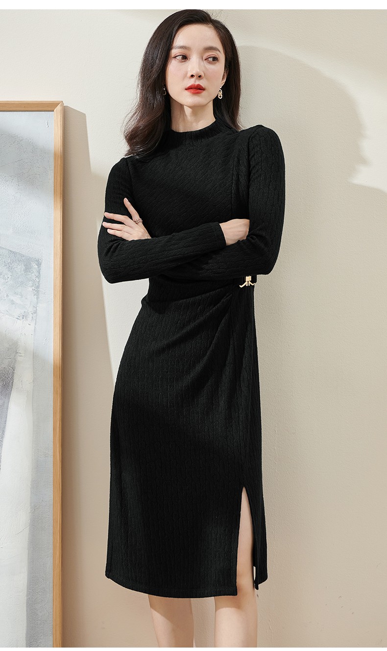 米思阳2021冬季新款时尚设计感开叉连衣裙提花针织高腰修身裙2647黑色