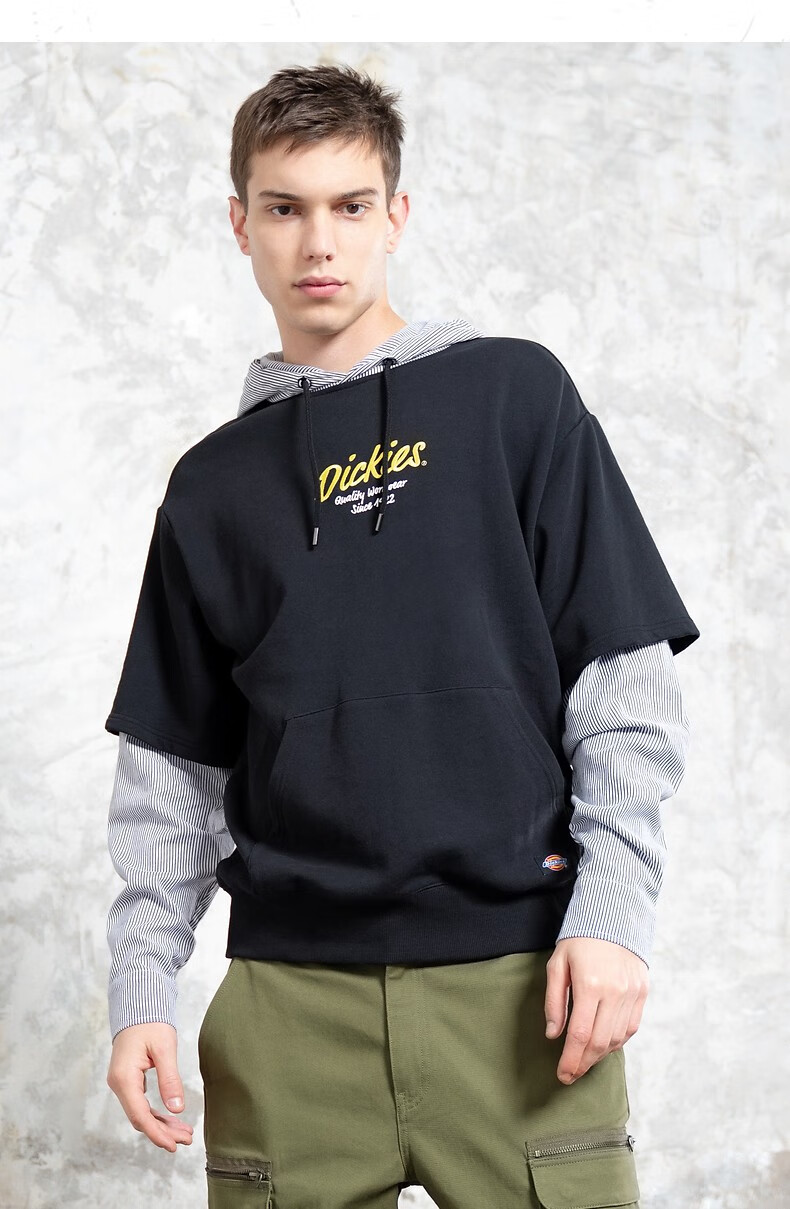 dickies卫衣 拼接假两件卫衣 字母印花休闲上衣 卫衣男dk008722 黑色