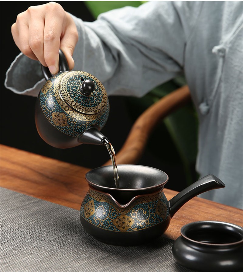 鎏金功夫茶具套装家用黑陶自动石磨泡茶器侧把茶壶复古陶瓷杯古韵暗香