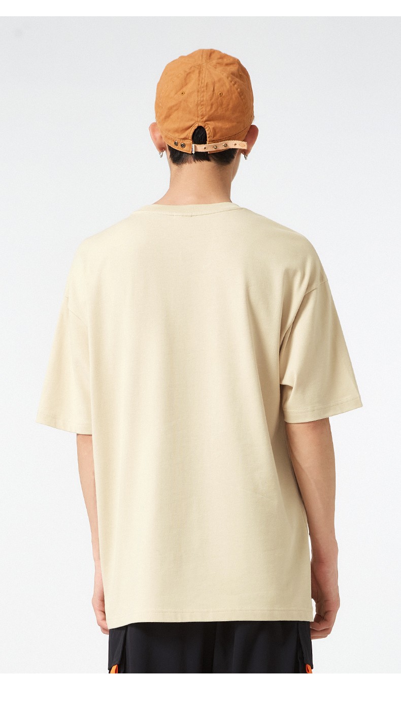 a21男装2021夏季新款 针织落肩短袖衫杏色t恤衫线性图案女上衣新疆棉