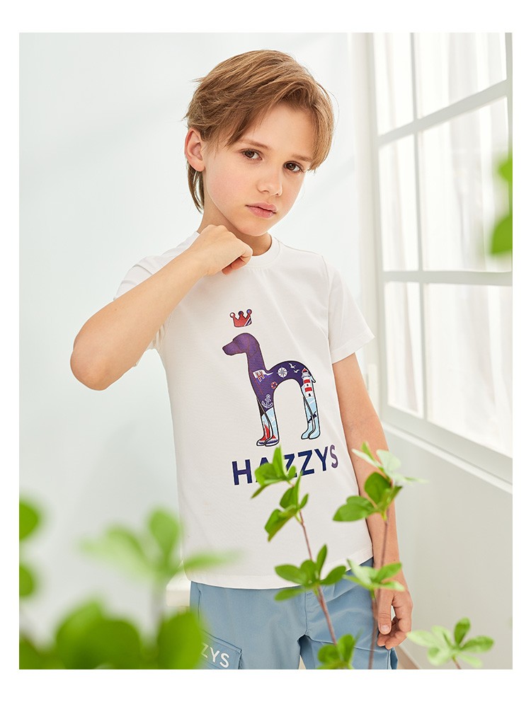 hazzys品牌哈吉斯童装男女童t恤夏季中大童纯色大logo短袖圆领衫本白