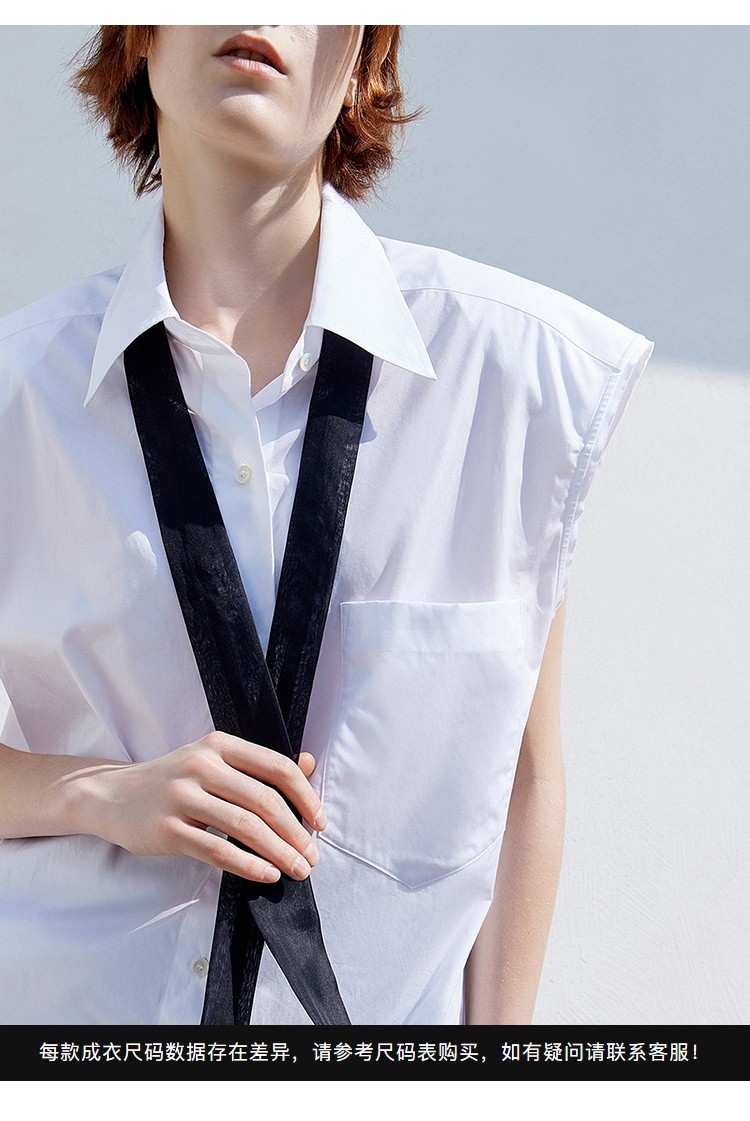 杨幂同款moco夏季新品新疆长绒棉领带无袖白衬衫摩安珂漂白色m