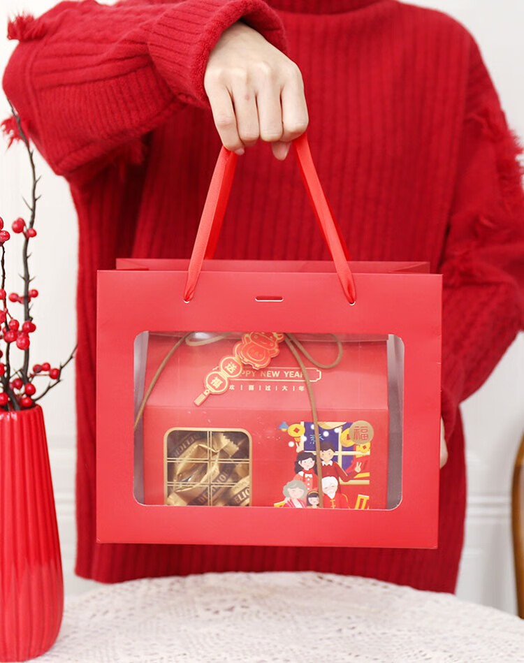 新年手提袋 红色喜庆春节透明开窗西点包装盒袋子纸袋年货礼品袋 红色