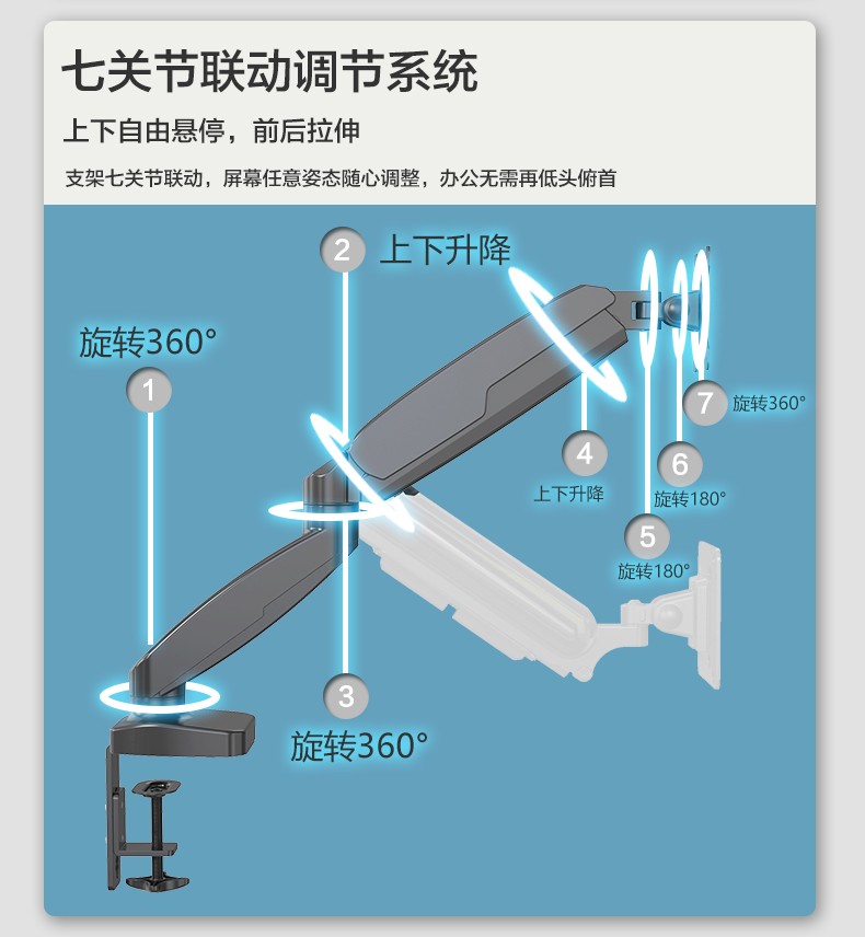 气弹簧自由悬停 显示器升降底座 aoc联想显示器增高架 无孔电脑支架