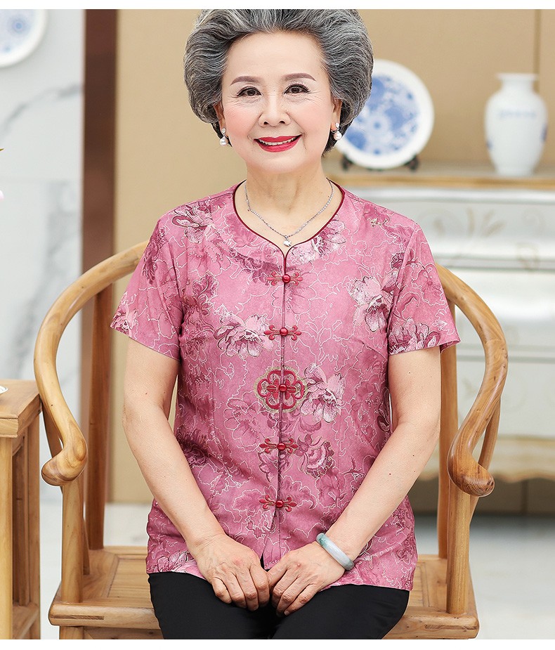 妈妈装夏季衬衫老太太夏天t恤薄母亲节紫色上衣黑色裤子l建议7590斤