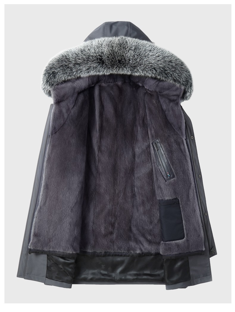 兜驰派克服男进口灰貂整貂皮草中长款连帽狐狸毛领可拆卸十字貂内胆