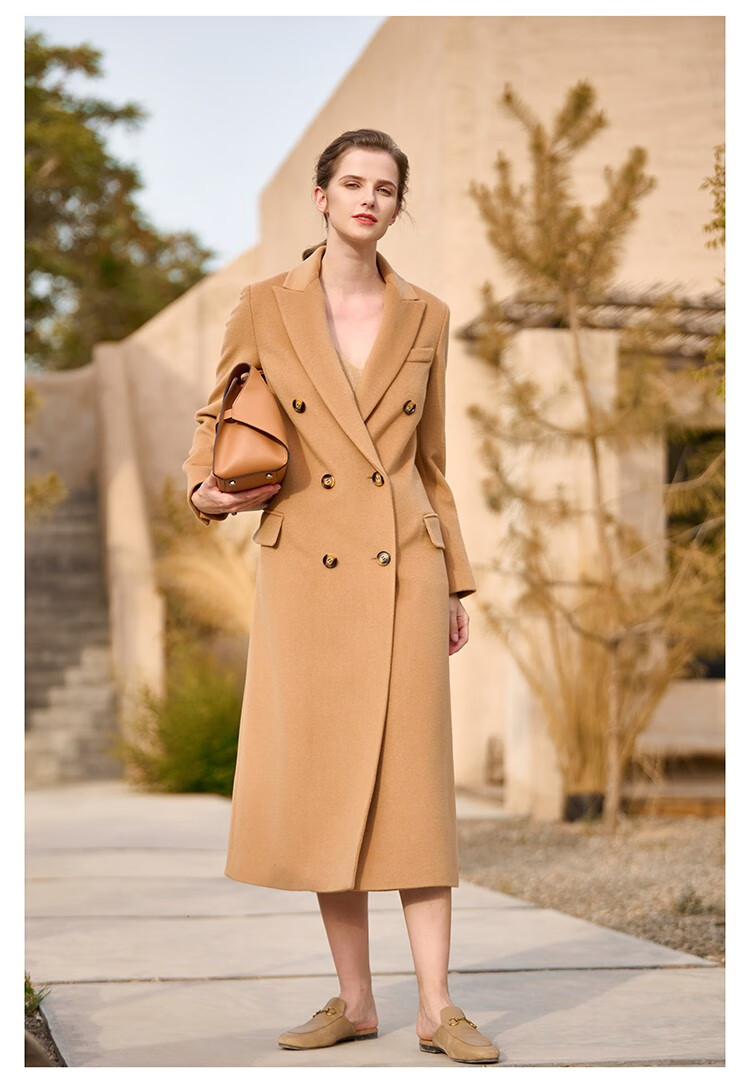 瑟俐品牌大气驼色高端双面羊绒大衣女中长款羊毛呢外套2022年秋冬新款