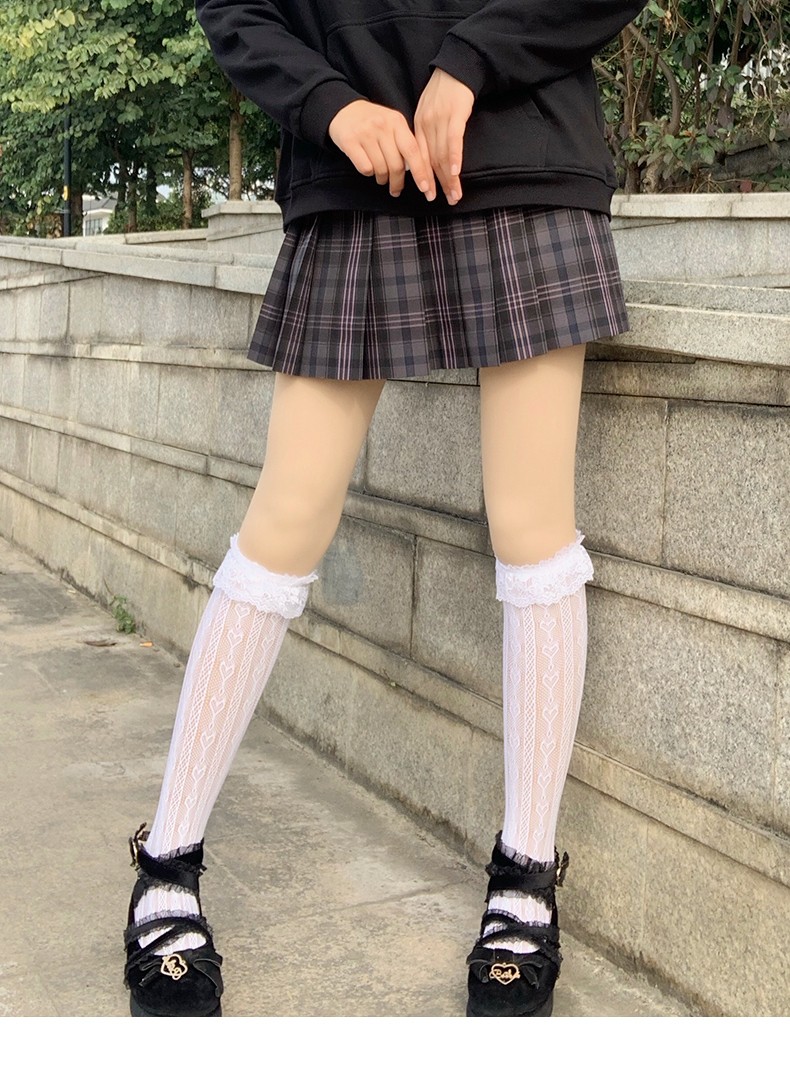 2021赫搏白色蕾丝小腿袜子女洛丽塔网纱lolita长袜女中筒jk黑色袜子