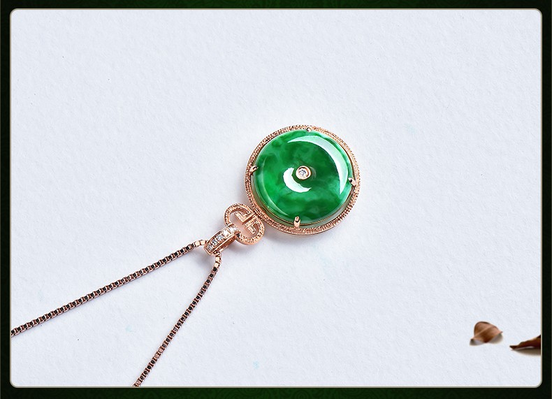 玉等我18k金镶钻冰糯种辣绿翡翠吊坠平安扣包边女玉坠