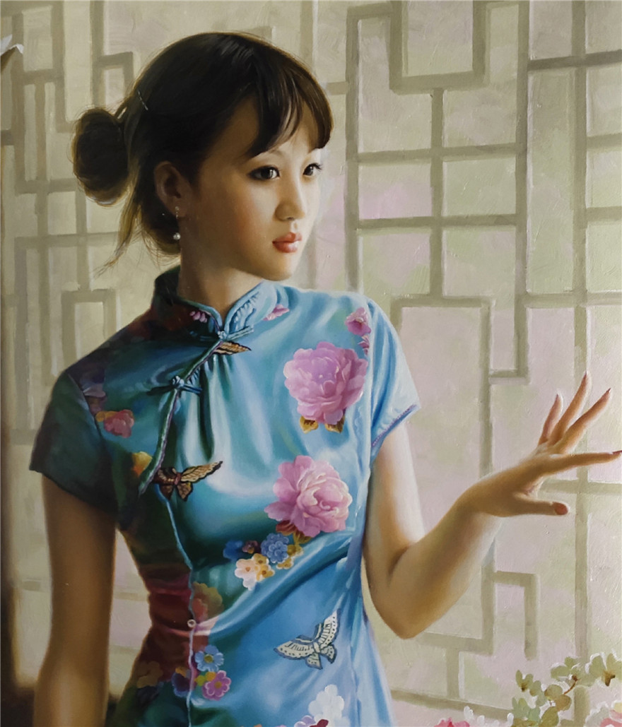 朝鲜功勋艺术家金京民旗袍女人物油画装饰收藏6825