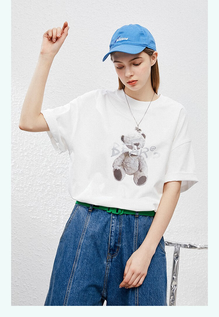 lilbear小熊情侣t恤镭射反光新款半袖潮牌圆领印花五分袖男士短袖