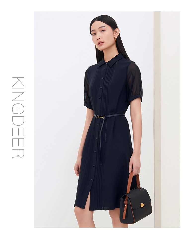 商场同款鹿王真丝连衣裙女桑蚕丝翻领短袖中裙气质休闲日常百搭2022