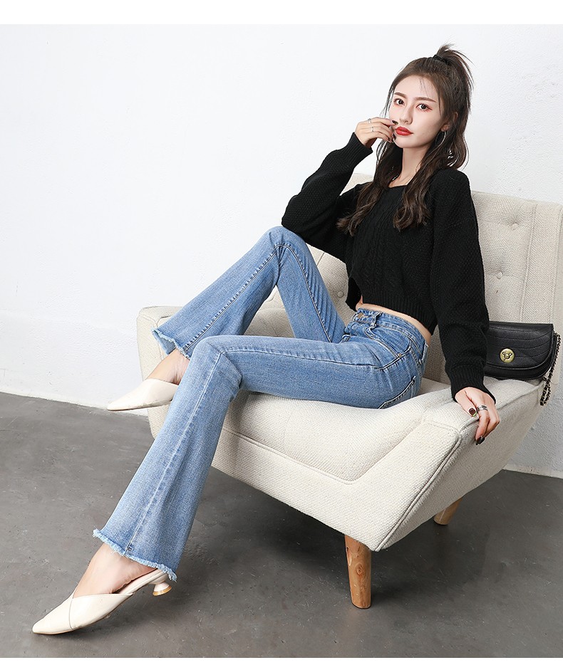 牟阳牛仔喇叭裤女春款2021年新款洋气高腰长款裤子修身显瘦微喇牛仔裤