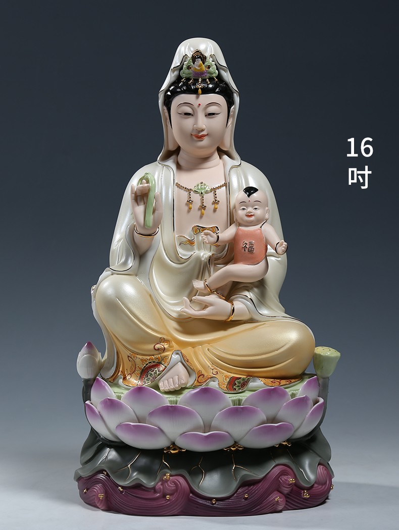 微美10至16吋水莲送子观音佛像供奉观世音菩萨家用佛堂陶瓷摆件白衣