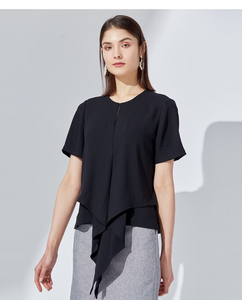 g2000商务通勤女装雪纺衫季新款优雅波浪飘带短袖休闲上衣83248037