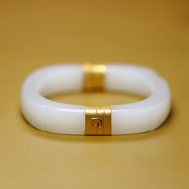 玉悦东海 和田玉可打开手镯18k金镶活口长方形镯子贵妃玉镯女款定制