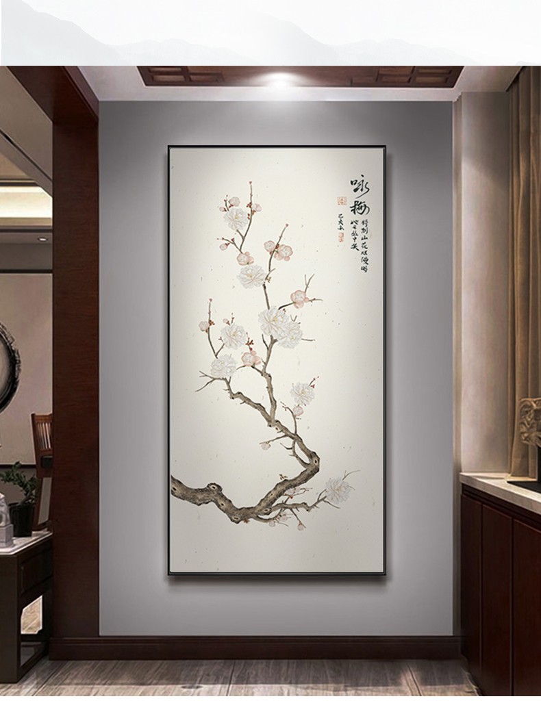 英族入户玄关装饰画新中式客厅背景墙花鸟壁画中国风茶室禅意竖版挂画