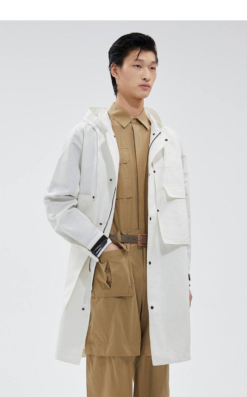 速写男装春秋新款风衣外套长款休闲宽松翻领潮流连帽复古工装965黑白