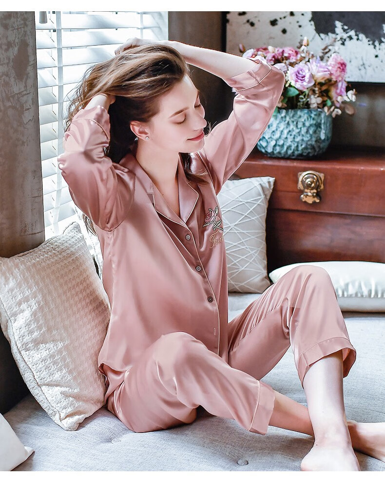 orzuv品牌真丝睡衣女春季新款长袖绣花气质家居服两件套装 深皮红 xl