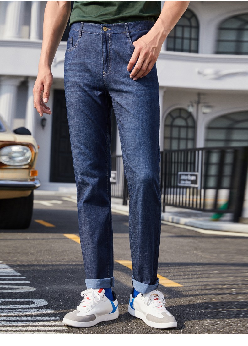 百斯盾高腰牛仔裤男2021夏季新款大直筒宽松耐磨男士牛仔裤深蓝色352