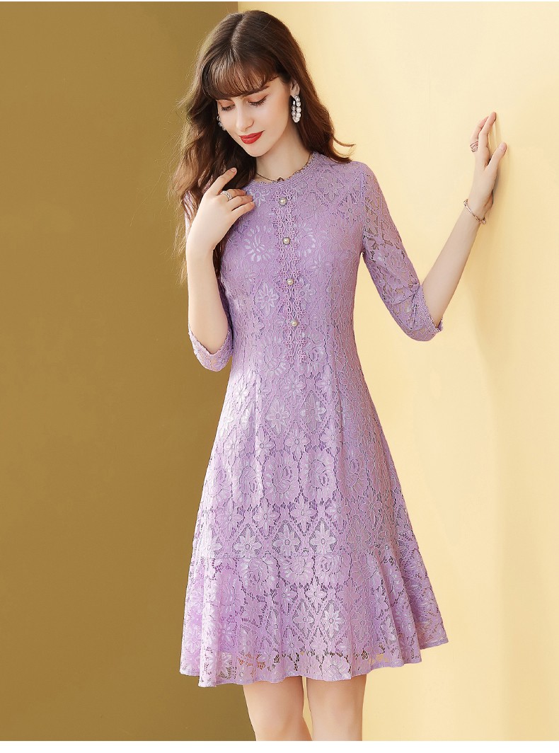 歌珀莱品牌女装紫色蕾丝连衣裙女名媛气质春装2021新款修身a型鱼尾