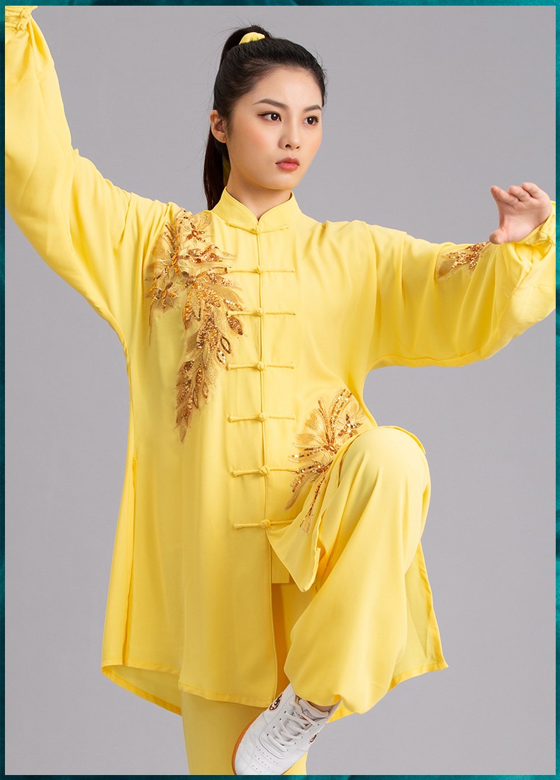 太极2021新款春季太极服晨练服黄色丝麻比赛表演女中国风下垂量身定做