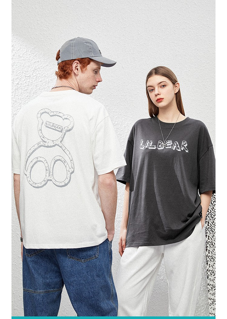 lilbear小熊短袖男士情侣装2021新款圆领宽松t恤反光印花国潮上衣