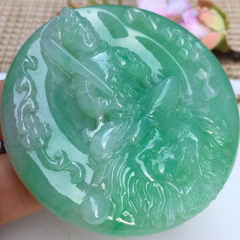 源头翡翠 翡翠满绿文殊菩萨吊坠缅甸天然翡翠玉石挂件珠宝首饰项链