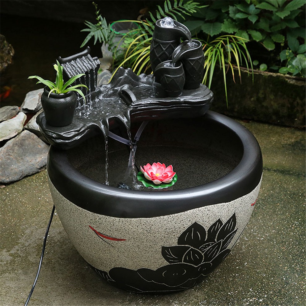 万匠阁大型陶瓷流水鱼缸摆件水缸阳台造景水循环鱼缸办公室客厅养鱼缸