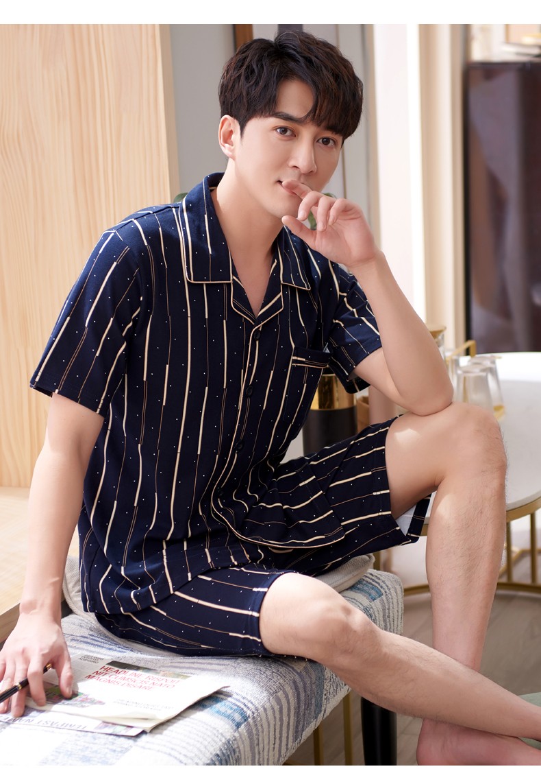 男士睡衣夏季棉短袖短裤薄款居家服男夏青少年开衫条纹夏天家居服套装